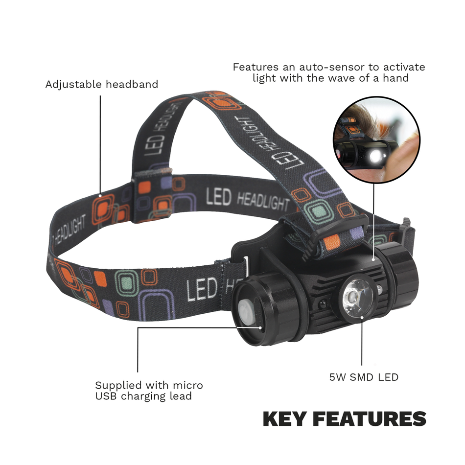 HT108LED Rechargeable Head Torch with Auto-Sensor 5W SMD LED
