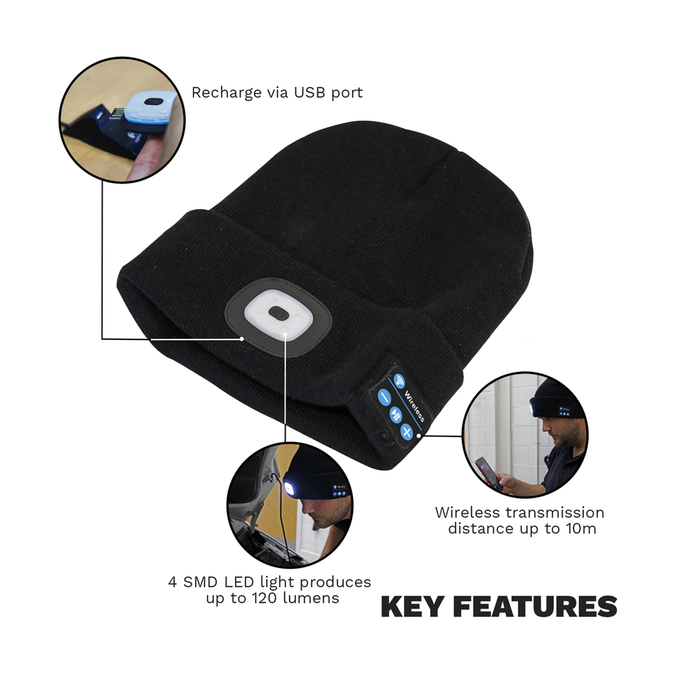 LED185W Rechargeable USB Beanie Hat with Wireless Headphones 1W SMD LED