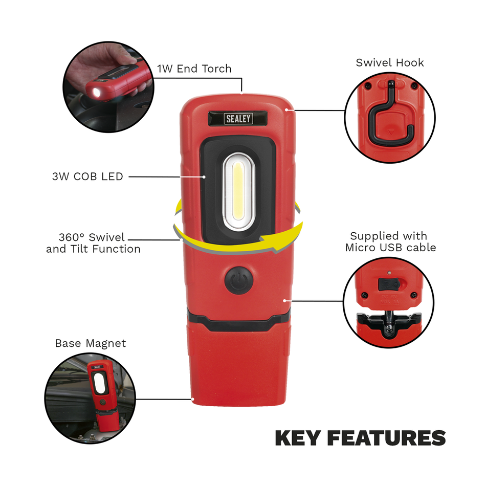 Rechargeable 360deg Inspection Light 3W COB & 1W SMD LED - Red
