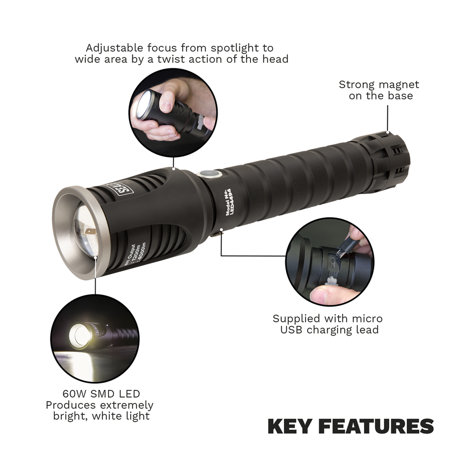 LED4494 Rechargeable Aluminium Torch with Adjustable Focus 60W COB LED