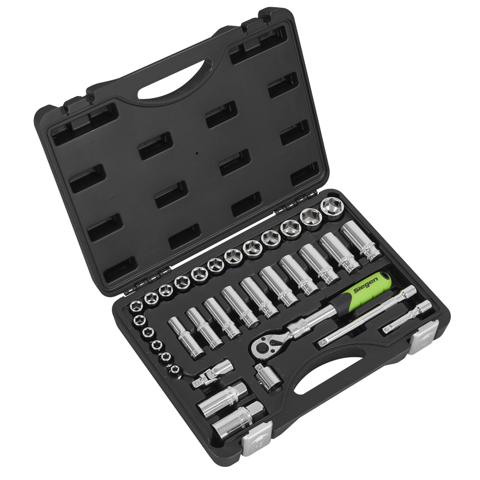S01287 Siegen Extendable Ratchet Socket Set 3/8"Sq Drive 34pc