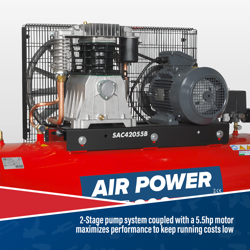 SAC42055B 200L Belt Drive Air Compressor with Cast Cylinders 5.5hp 2-Stage