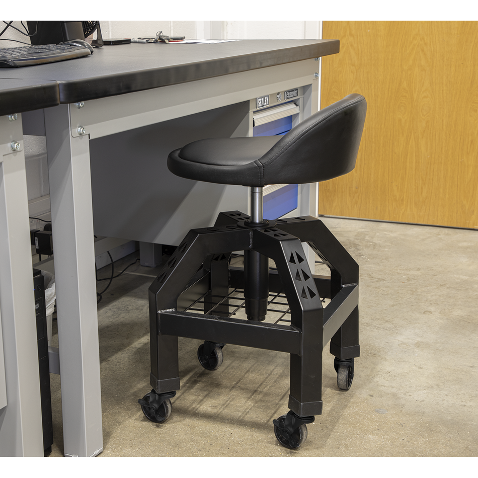 SCR03B Premier Industrial Pneumatic Creeper Stool with Adjustable Height Swivel Seat & Back Rest
