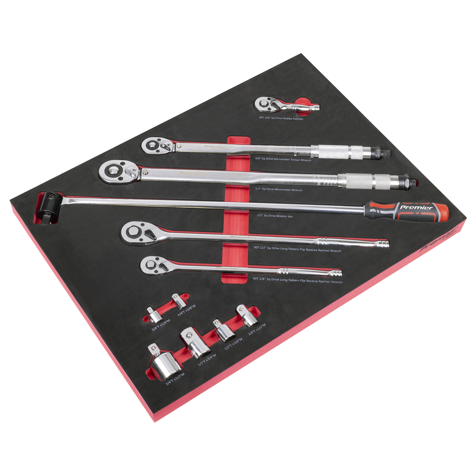 TBT45 Ratchet Torque Wrench Breaker Bar & Socket Adaptor Set with Tool Tray 3/8"Sq & 1/2"Sq Drive 12pc