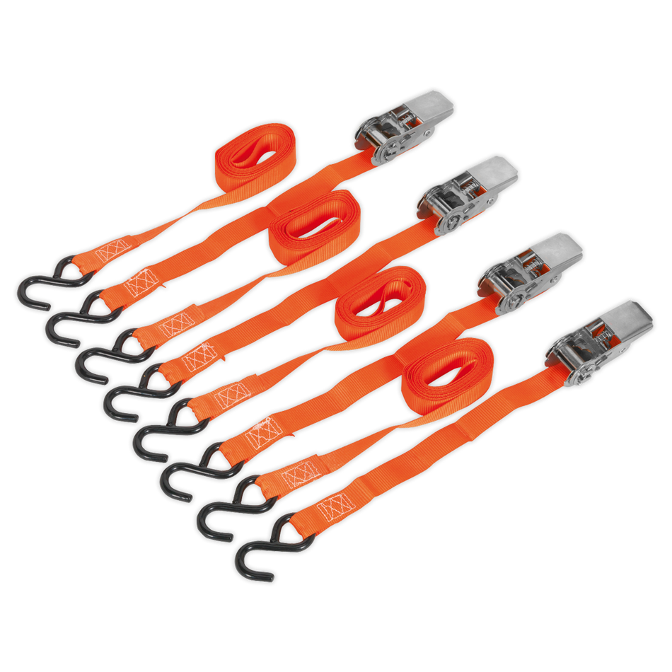 TD0540S4 Ratchet Straps Polyester Webbing with S-Hooks 25mm x 4m 500kg Breaking Strength - 2 Pairs